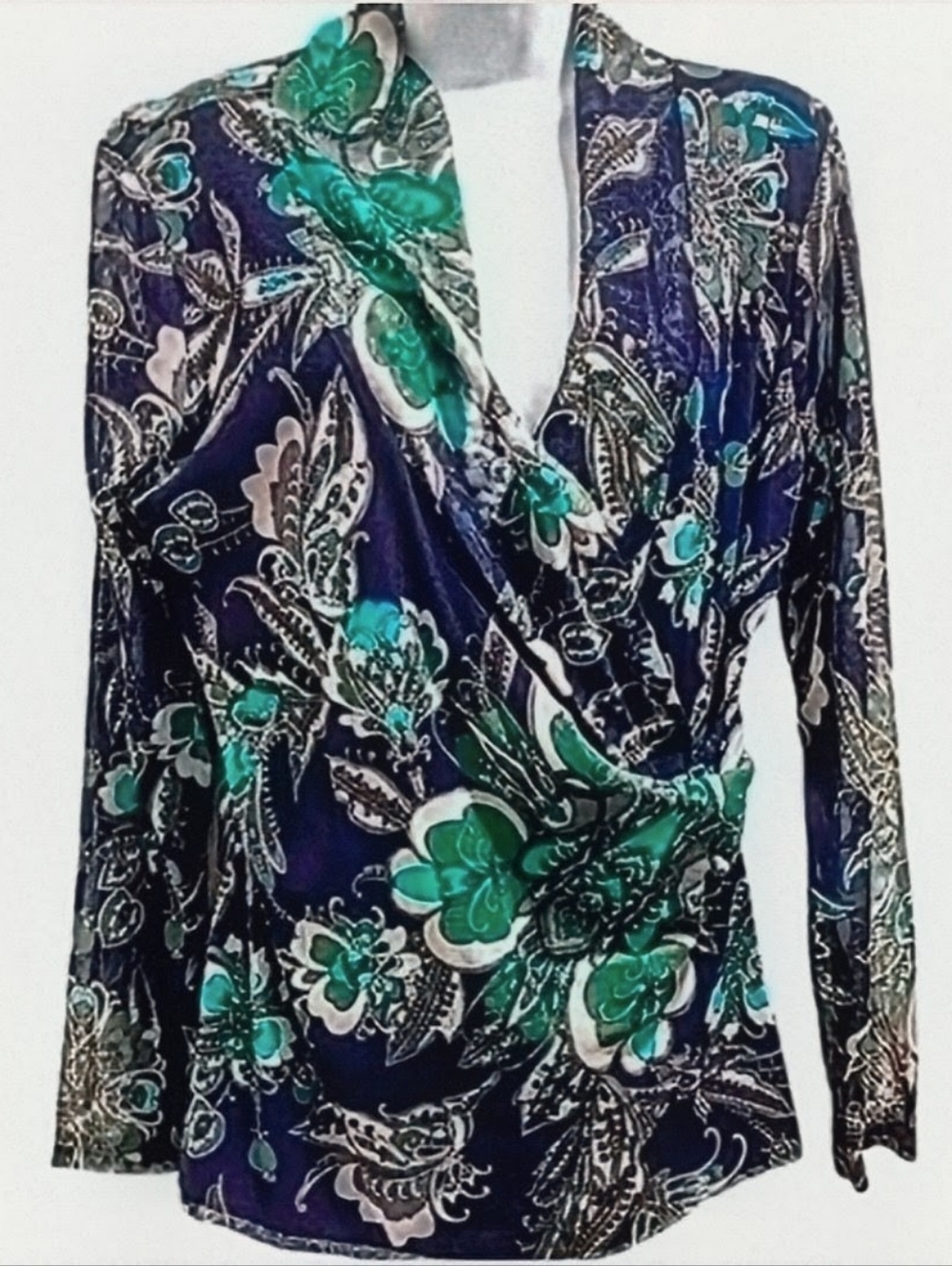 Vintage 2008 Alfani Faux Wrap Sheer Arm Side Rouching Paisley Floral. Sz L